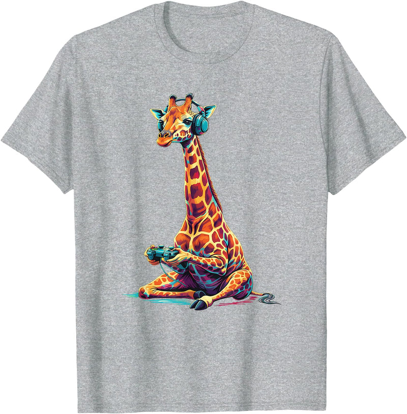 Giraffe Gamer Lovers Animal Men Women Kids Giraffe Gaming Animal Video Games Funny Giraffe T-Shirt - Heather Grey