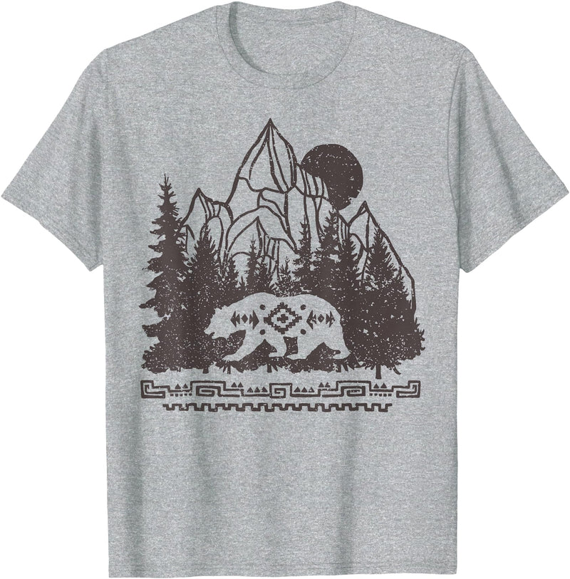 Trendy Apparel Cali Bear Forest And Mountains Background T-Shirt - Heather Grey