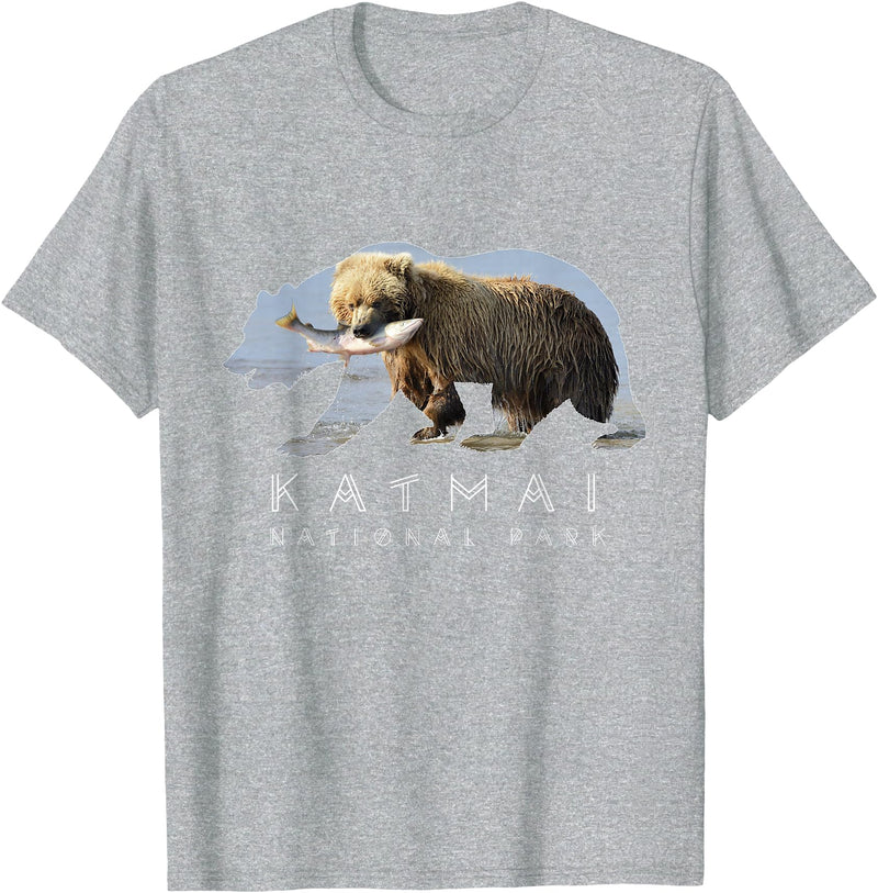 Katmai National Park Landscape Shirts & Gifts Alaskan Bear Katmai National Park Lake Image Alaska Souvenir T-Shirt - Heather Grey