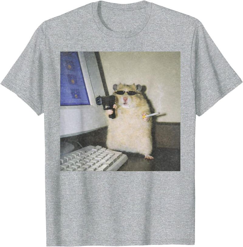Cyber Hamster Meme Cringe Funny Animal Vintage Graphic Tee T-Shirt - Heather Grey