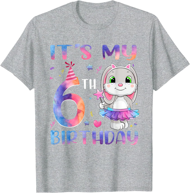 It's My 6th Birthday Bunny Rabbit 6 Years Old Boy Girl T-Shirt in Heather Grey
