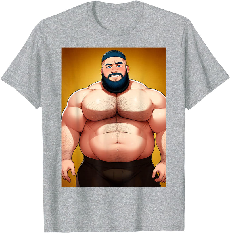 Bara Designs Handsome Shirtless Daddy Bear Anime Manga Bara Style Gay T-Shirt - Heather Grey