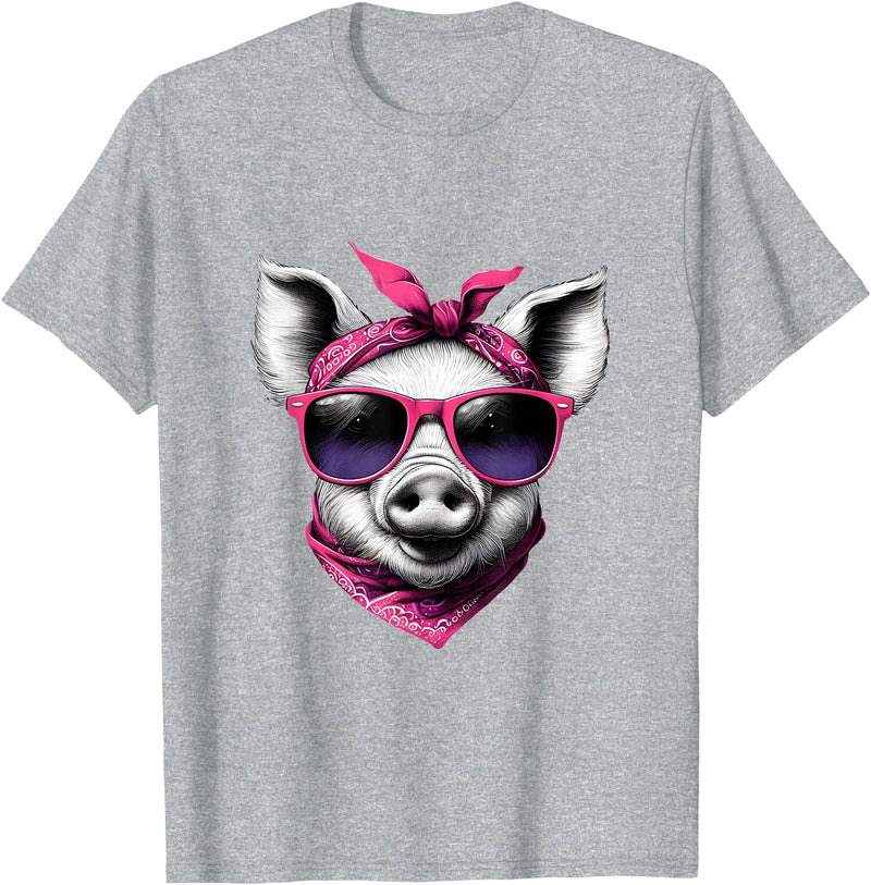 Fashionable Animals Wearing Pink Bandanas Pig Wearing A Pink Bandana Headband And Sunglasses T-Shirt - Heather Grey