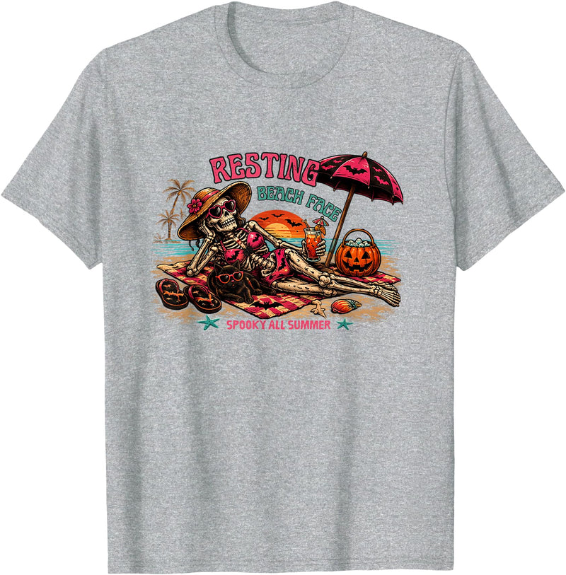 Spooky Summer Vibes retro summerween halloween Funny Skeleton Beach Halloween Resting Beach Face summerween T-Shirt -