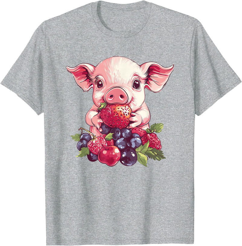 Cute Pig Eating Strawberries And Berries Fun Adorable Pig With Strawberries And Berries T-Shirt - Heather Grey