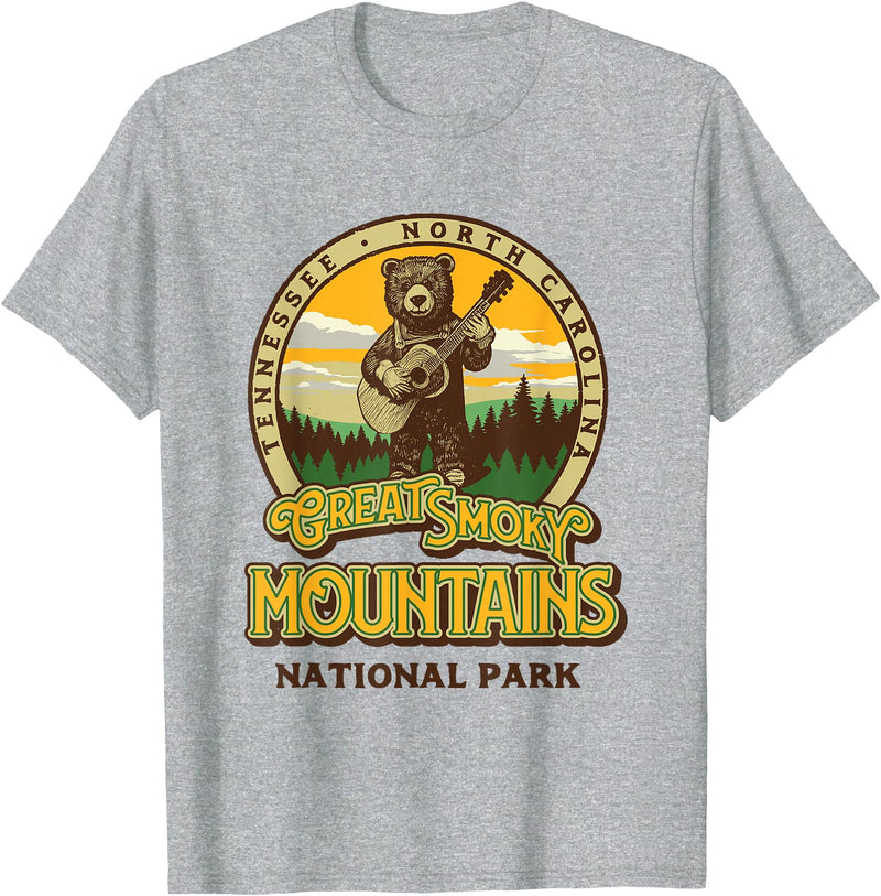 The Thrift Garage Great Smoky Mountains National Park Guitar Bear Cute Smokies T-Shirt - Heather Grey