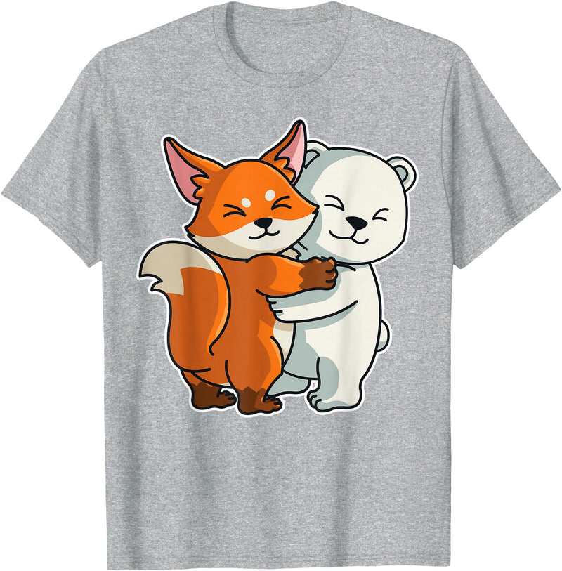 Fox and Polar Bear Hug Animal Girls Women Kids Polar Bear and Fox Cute Animals for Women Animal Hugging T-Shirt - Heather Grey