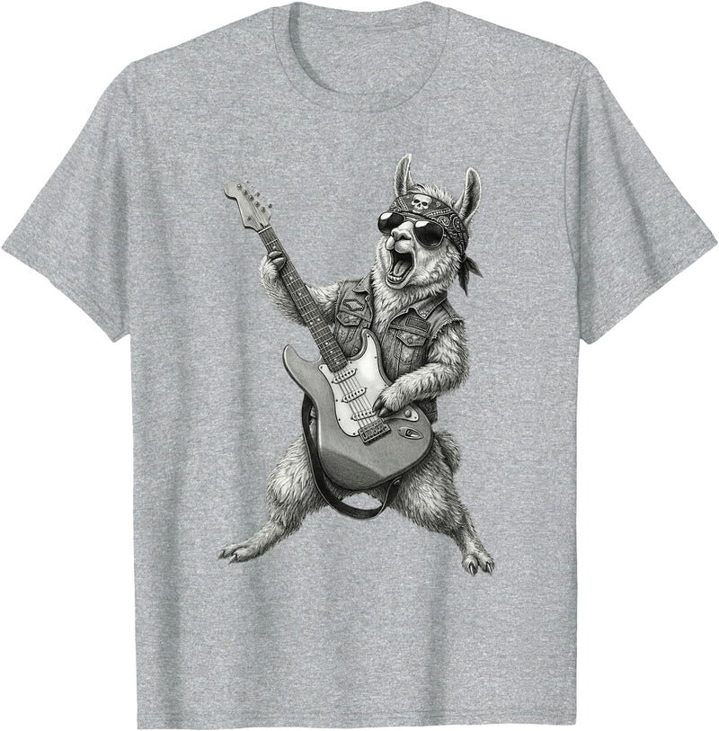 Rock Guitar Llama Stuff Accessories & Gifts Llama Playing Guitar Rock & Roll Llamas Alpaca Rocker Music T-Shirt - Heather Grey