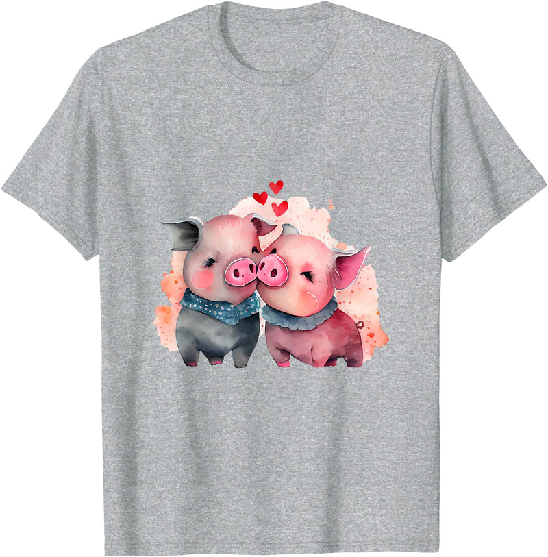 Unique Pig Lover Decor & Apparel Gifts Shop Two Loving Pigs In Love Heart Valentine's Day Pig T-Shirt - Heather Grey