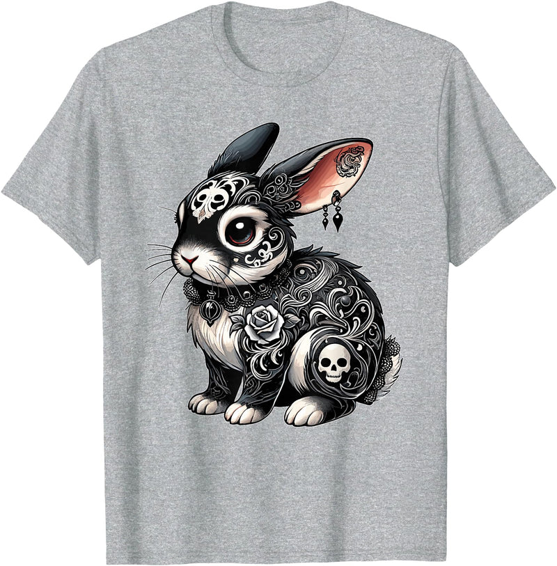 Gothic Filigree Rabbit with Skulls T-Shirt in Heather Grey