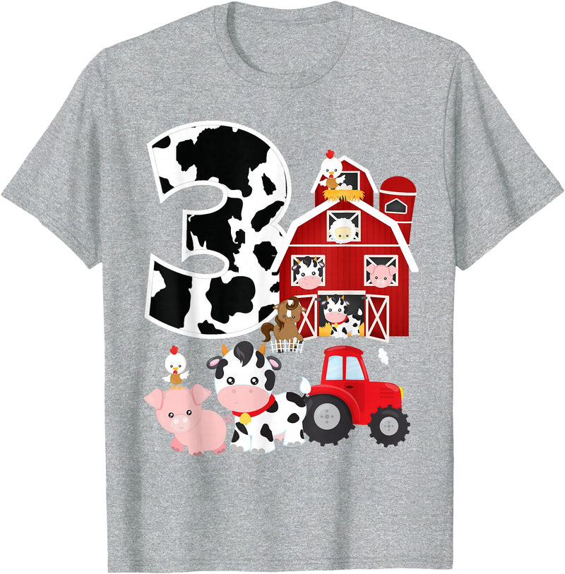 3 Birthday Farm 3 Years Old 3rd Bday Party Supply Farm Barnyard Theme Pig Cow Horse 3rd Birthday 3 Yrs Old T-Shirt - Heather Grey