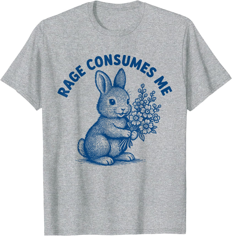 Rage Consumes Me Bunny Funny Easter Rabbit Meme T-Shirt in Heather Grey