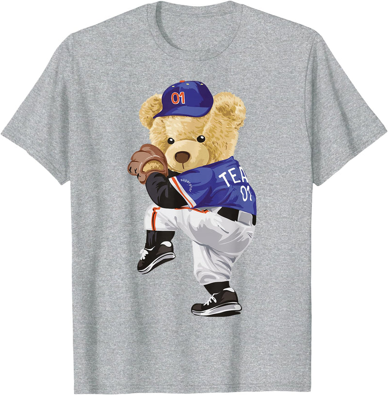 BERSLL Cute Teddy Bear Baseball Jug Sweatshirt T-Shirt - Heather Grey