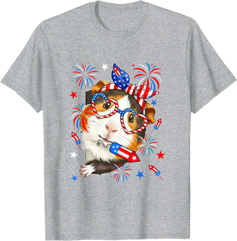 Rodent 4th Of July Costume Guinea Pig Sunglasses US Flag Bow Tie Fireworks 4th July T-Shirt - Heather Grey