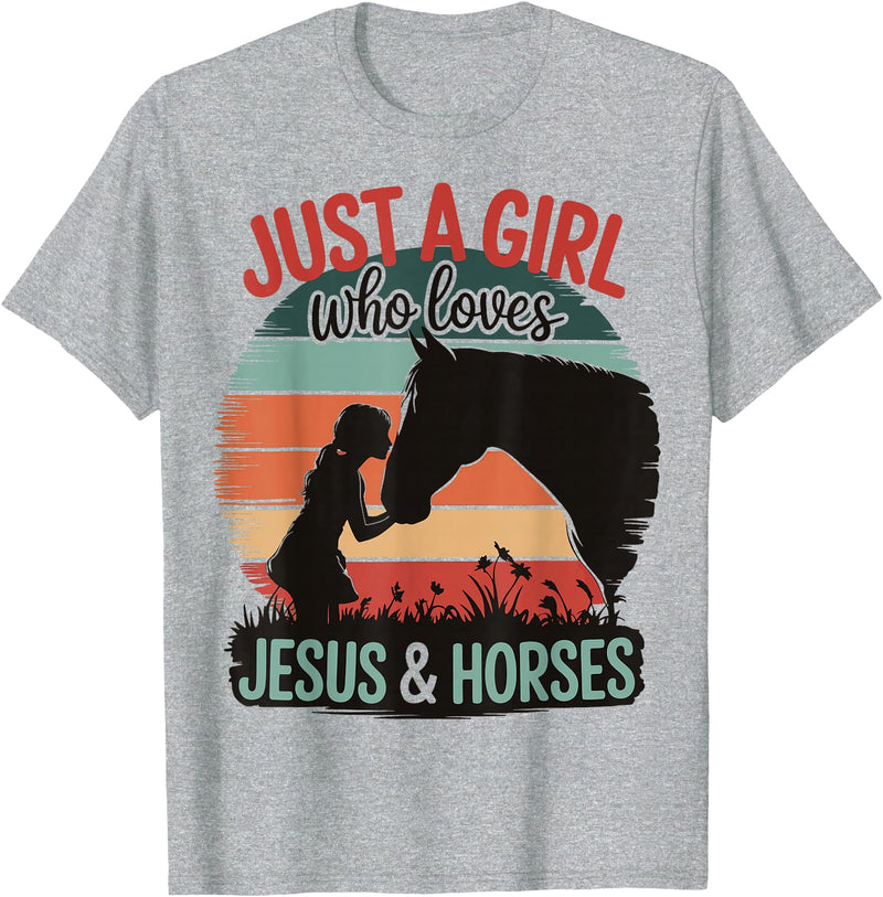 Jesus and Horses Christian Religious Just A Girl Who Loves Jesus And Horses T-Shirt - Heather Grey