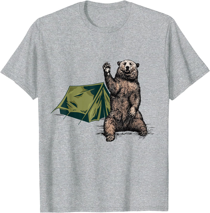 Funny Hiker Hiking Camping Bear Waving Funny Bear Waving Hiking Camping Bear Hiking T-Shirt - Heather Grey