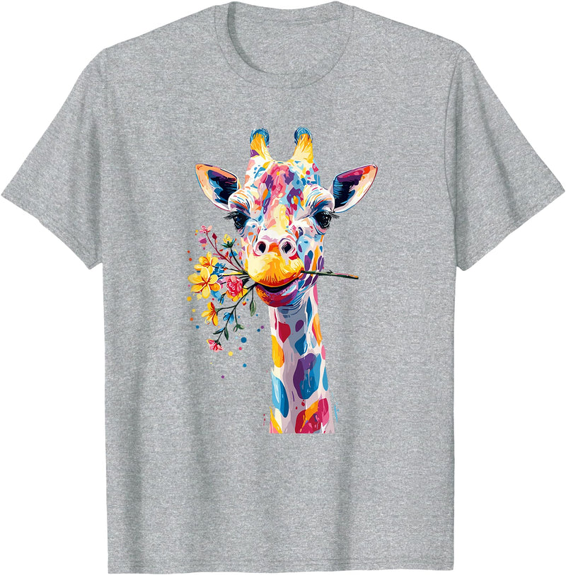 Colorful Floral Giraffe Rainbow Style Rainbow Giraffe with Flowers T-Shirt - Heather Grey