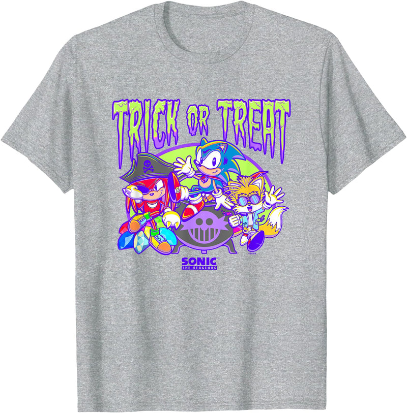 Sonic The Hedgehog Halloween Trick Or Treat Retro Neon Logo T-Shirt - Heather Grey