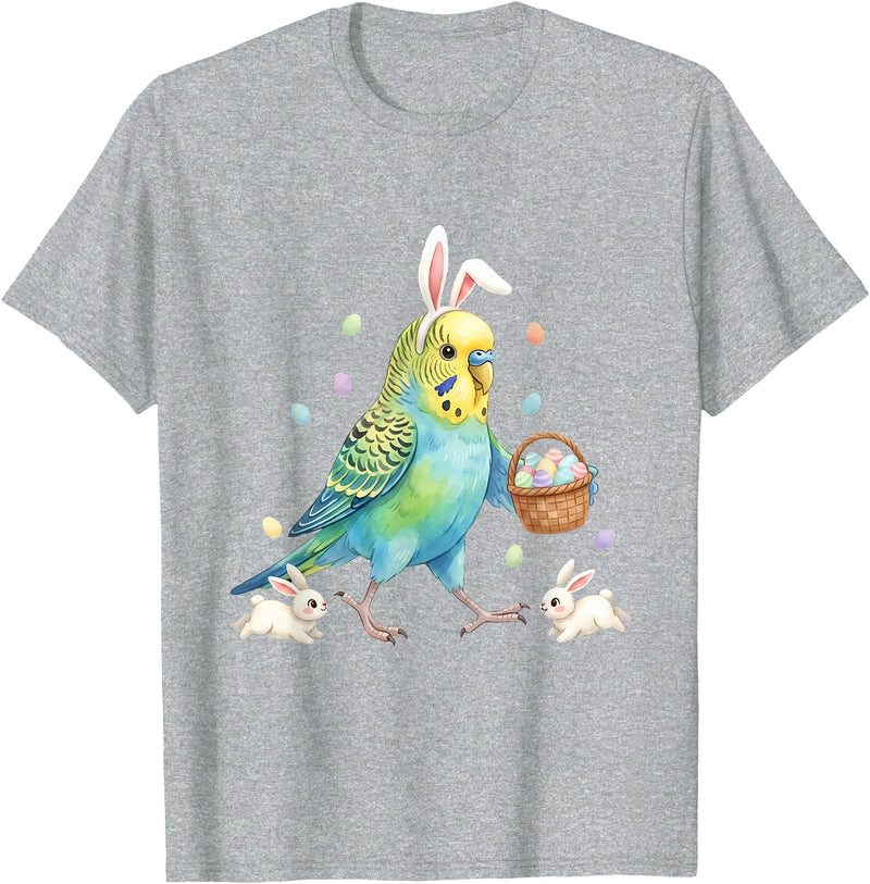 Cute Easter Bunny Rabbit with Eggs Whimsical Parakeet Design T-Shirt in Heather Grey
