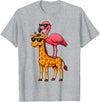 Funny Flamingo Riding Giraffe Cute Animals Funny Flamingo and Giraffe Cool Animals Friends T-Shirt - Heather Grey