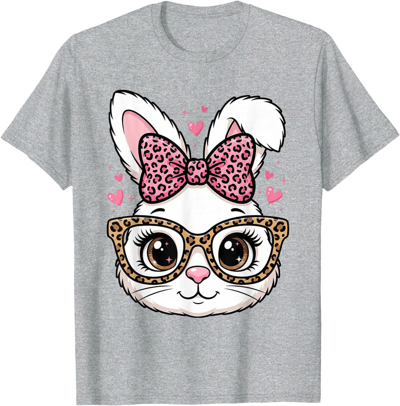 Cute Easter Rabbit Face Leopard Bow Sunglasses Bunny Girls T-Shirt in Heather Grey