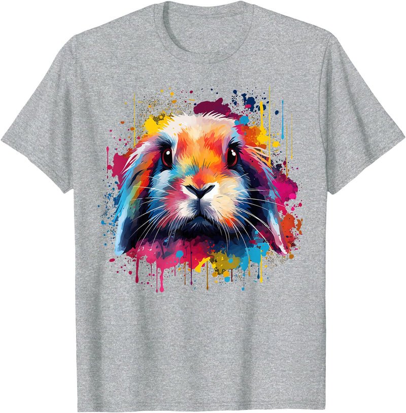 Cute Holland Lop Rabbit Lover Colorful Splash Art T-Shirt in Heather Grey