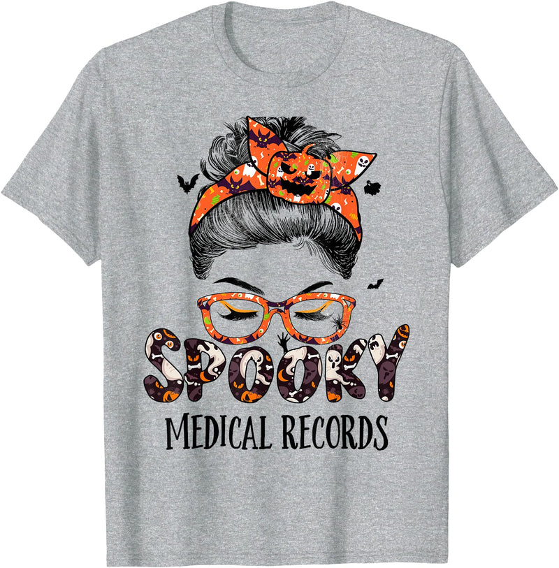 TeeaxArt Spooky Halloween Gifts Messy Bun Spooky Medical Records Pumpkin Halloween Bat T-Shirt - Heather Grey