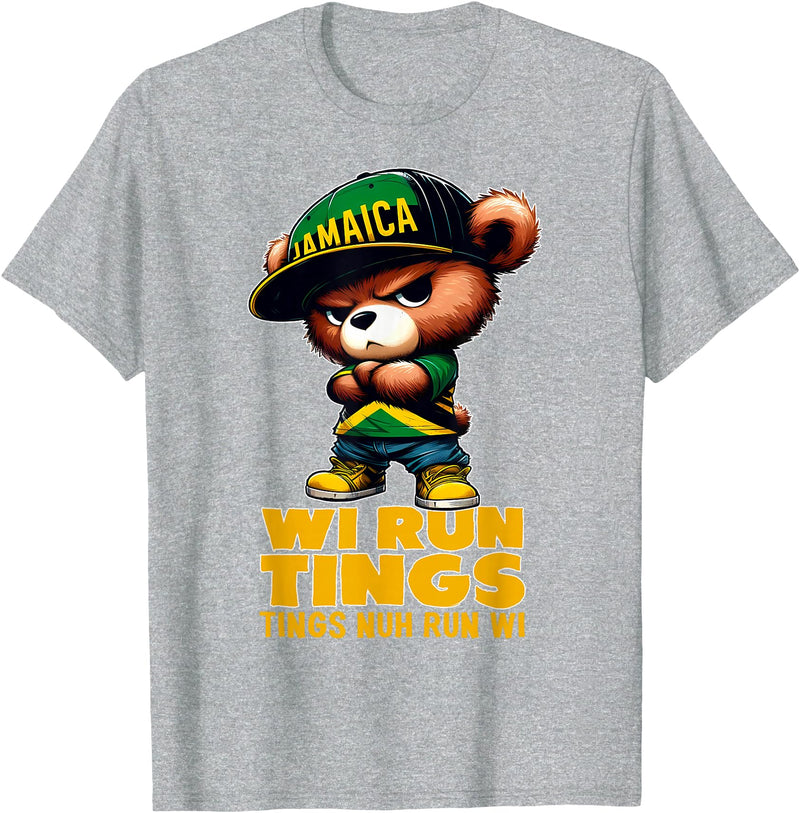Jamaican Gifts for proud Jamaican Men, Women, Kids WI RUN TINGS Teddy Bear Jamaica Flag Shirt Jamaican Clothing T-Shirt - Heather Grey