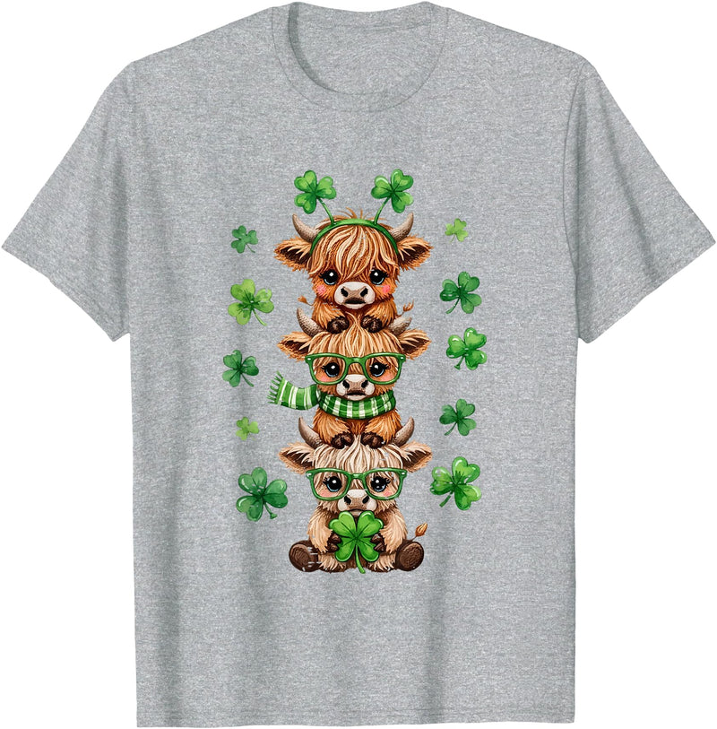 St Patricks Day Highland Cow Lucky Irish Shamrock Funny St Patrick's Day Highland Cow Lucky Shamrock Irish T-Shirt - Heather