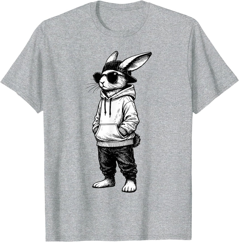 Rabbit Easter Bunny Face with Sunglasses Cap Easter Day T-Shirt in Heather Grey