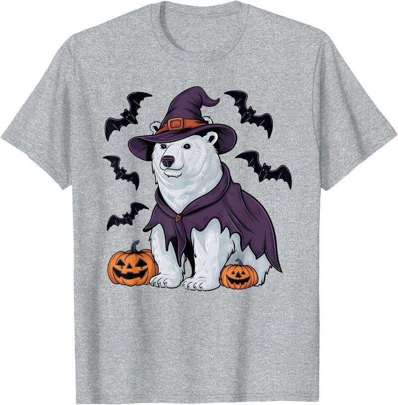 Witch Polar Bear Halloween Tees Polar Bear Halloween Costume Scary Pumpkin Bat Witch T-Shirt - Heather Grey