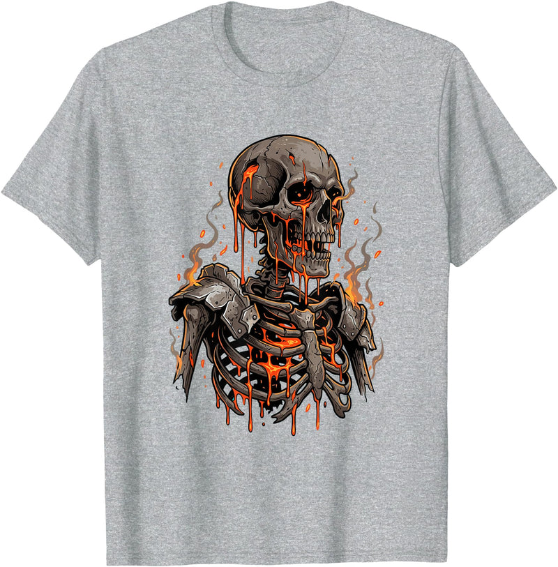 Molten Skull Fire Horror Skeleton Art Designs Spooky Halloween Skull Skeleton Fire Dark Fantasy T-Shirt - Heather Grey