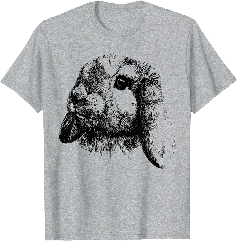 Rabbit Bunny Realistic Drawing , Graphic Lop Eared Bunny T-Shirt in Heather Grey