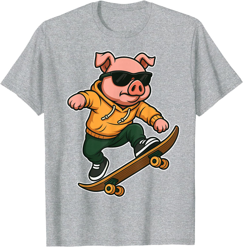 Pig Skateboarding Skater Men Boys Kids Skateboard Pig Riding Skateboard Skater Pig Graphic T-Shirt - Heather Grey
