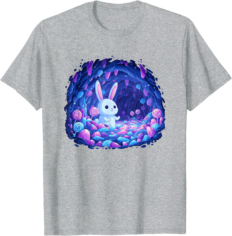 Enchanting Bunny in Candy Cave Fantasy World T-Shirt in Heather Grey