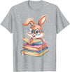 Bunny Rabbit Reading Books Funny Rabbit Books Bunny Reader T-Shirt in Heather Grey