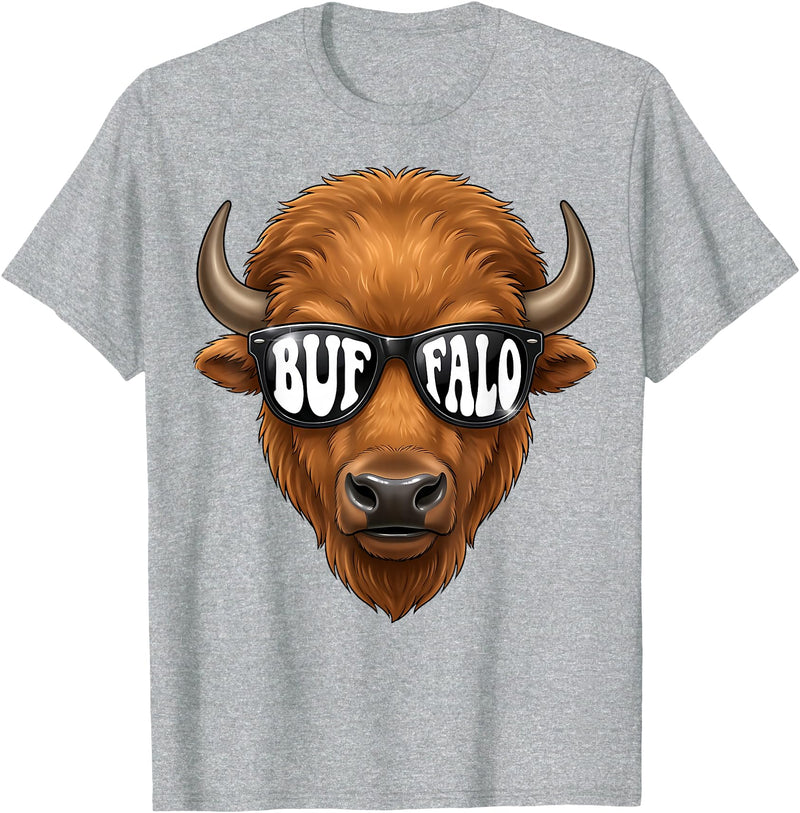 generic Buffalo with Sunglasses Wildlife Graphic for Men Women Kids T-Shirt - Heather Grey