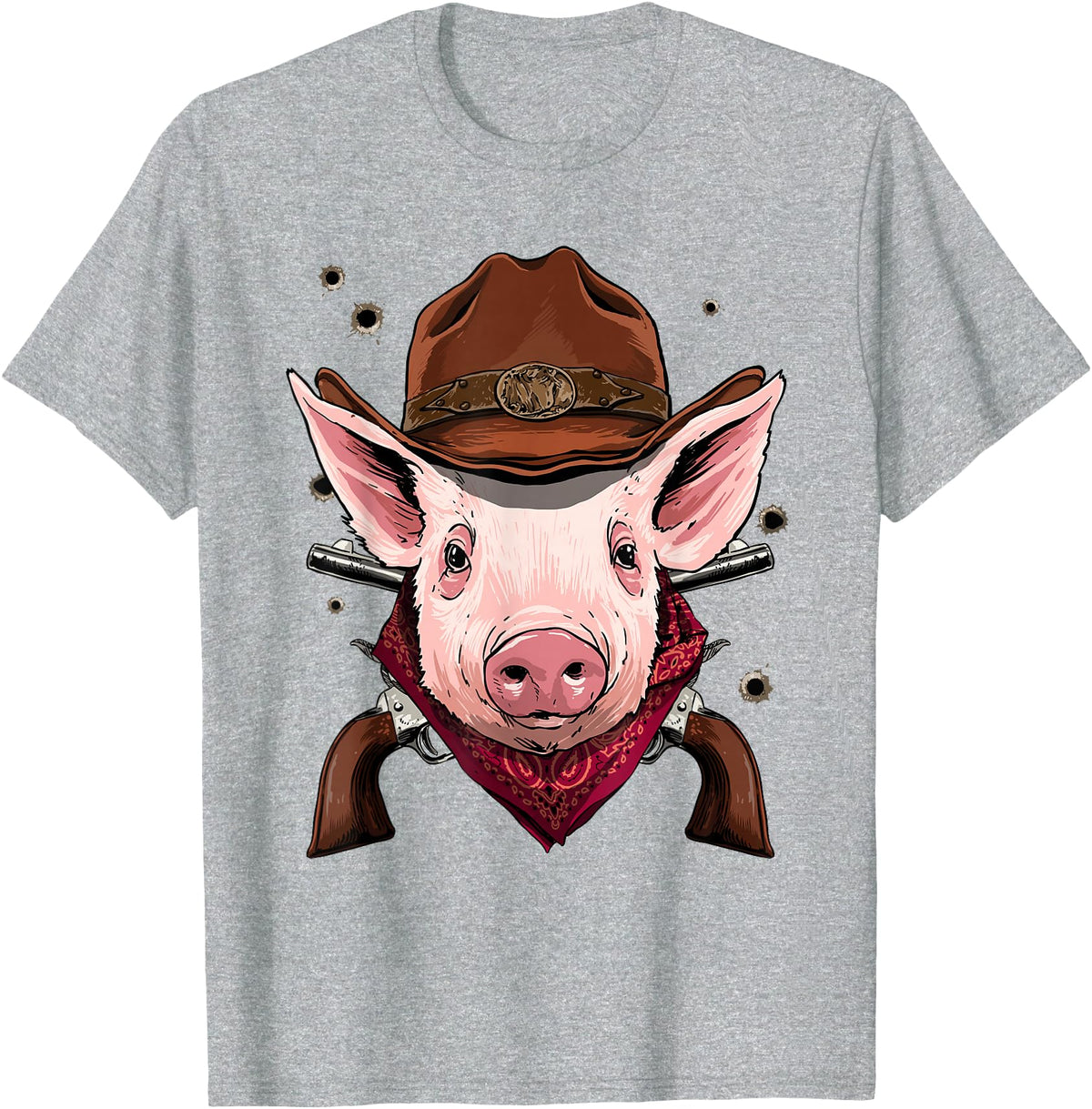Wowsome! Cowboy Pig Western Rodeo Cowboy Hat and Bandana T-Shirt - Heather Grey