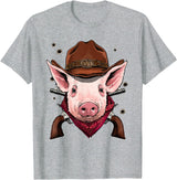 Wowsome! Cowboy Pig Western Rodeo Cowboy Hat and Bandana T-Shirt - Heather Grey