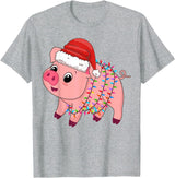 Pig Christmas Gifts Men Women Kids Co. Christmas Lights Pig Wearing Xmas Hat - Pig Lover Farmer T-Shirt - Heather Grey