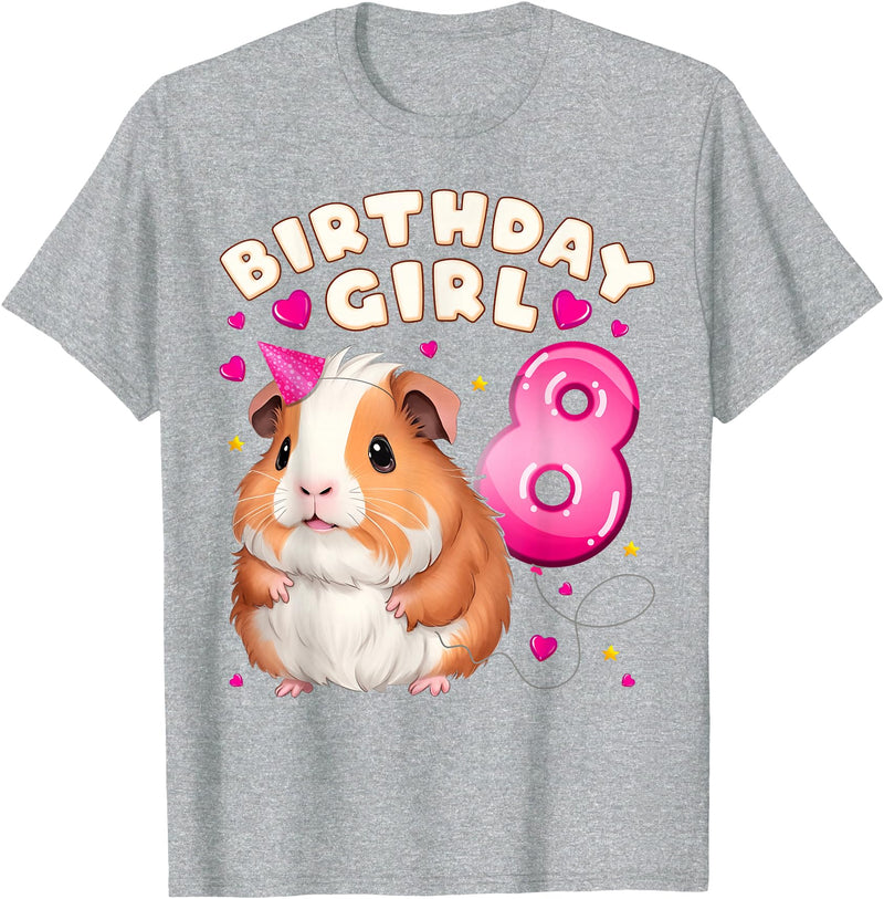 Birthday Girl by Content Design Studio 8th Birthday Girl 8 Years, Guinea Pig T-Shirt - Heather Grey