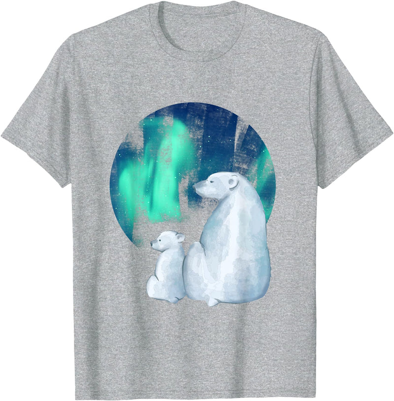 Northern Aurora Borealis Lights Designs Northern Aurora Borealis Lights Cute Polar Mother Bear Cub T-Shirt - Heather Grey