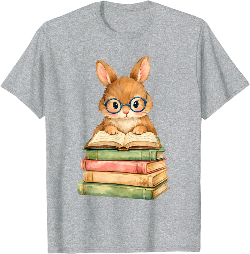 Reading Bunny Rabbit Glasses Book Bookworm Teacher Women T-Shirt in Heather Grey