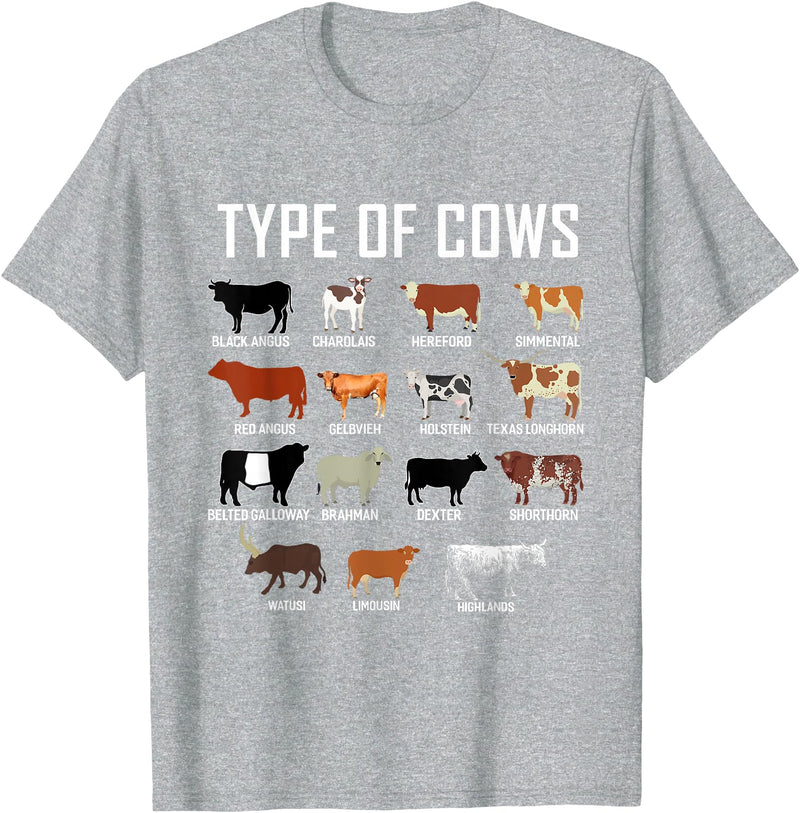 COW Designs By ShirtZilla Types of Cows Shirt Farmer Tee Shirt Costume Cow T-Shirt - Heather Grey