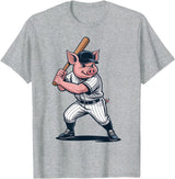 Pig Animal Baseball Lovers Graphic Funny Pig Playing Baseball Artwork Vintage Animal Baseballer T-Shirt - Heather Grey