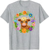 Highland Cow Lover Gifts Apparel and More Highland Cow Flowers Wreath Floral Farm Scottish Country T-Shirt - Heather Grey