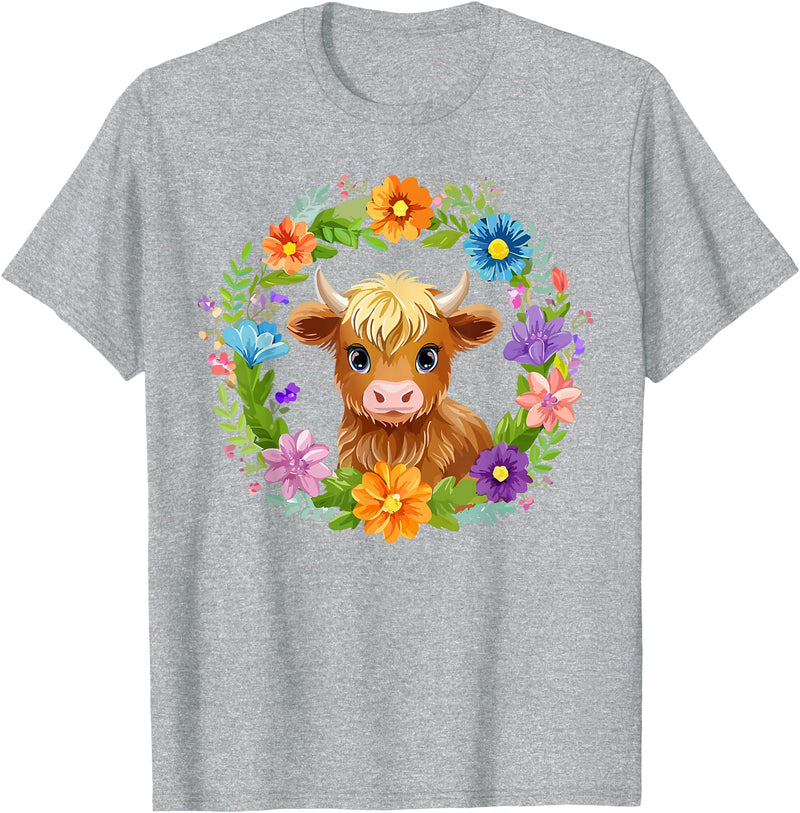 Highland Cow Lover Gifts Apparel and More Highland Cow Flowers Wreath Floral Farm Scottish Country T-Shirt - Heather Grey