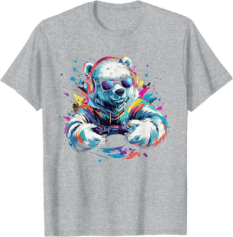 Colorful artistic polar bear gamer animal motifs Gaming Polar Bear Colorful Headset Art Gamer Polar Bear T-Shirt - Heather Grey