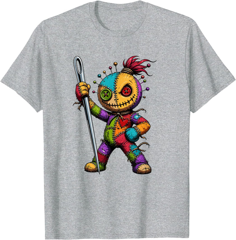 Colorful Voodoo Doll Patchwork Horror Halloween Creepy Rainbow Voodoo Doll with Needle Halloween T-Shirt - Heather Grey