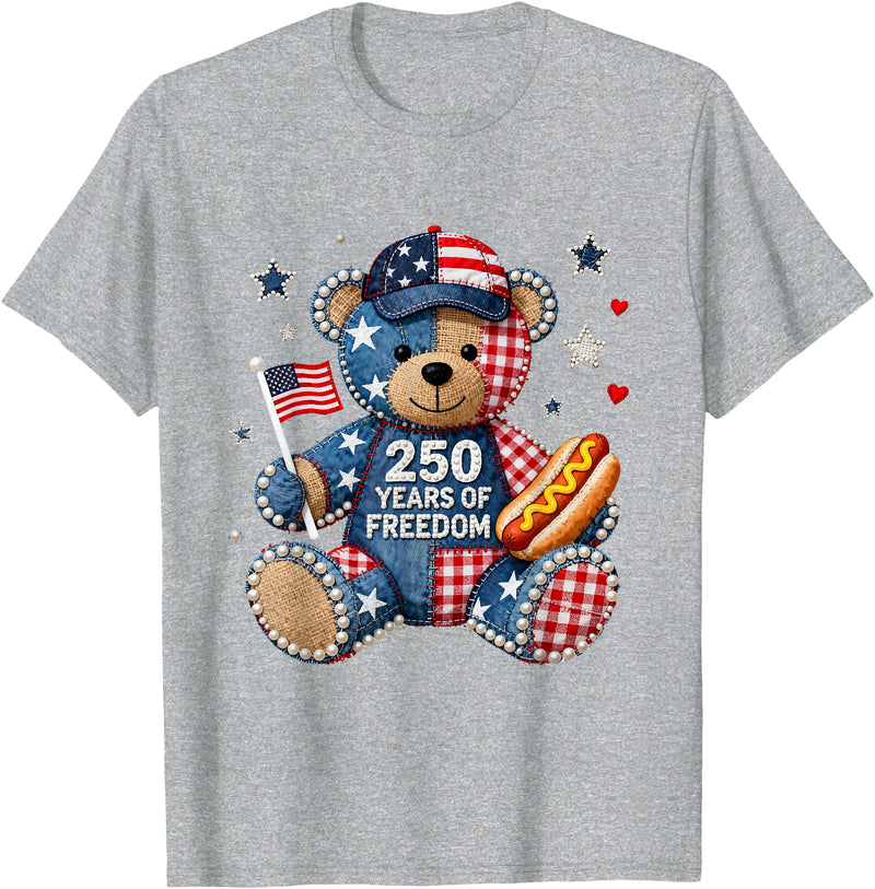 Patriotic Bear USA Vintage Co 250 Years of Freedom Patriotic Bear USA Retro T-Shirt - Heather Grey